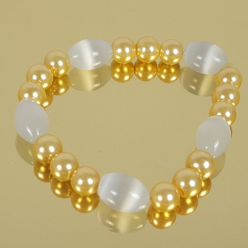 Faux Golden Pearl White Moonstone Beaded Stretch Bracelet 6.5 In Expandable